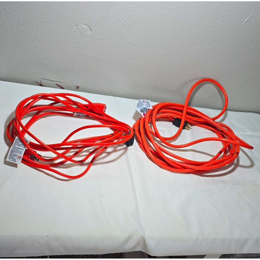 Lot of 2 Outdoor Extension Cords Orange 25 FT Heavy Duty 3 Prong Grounded